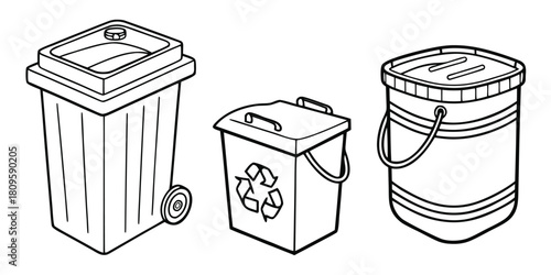Three different types of trash cans are shown side by side.