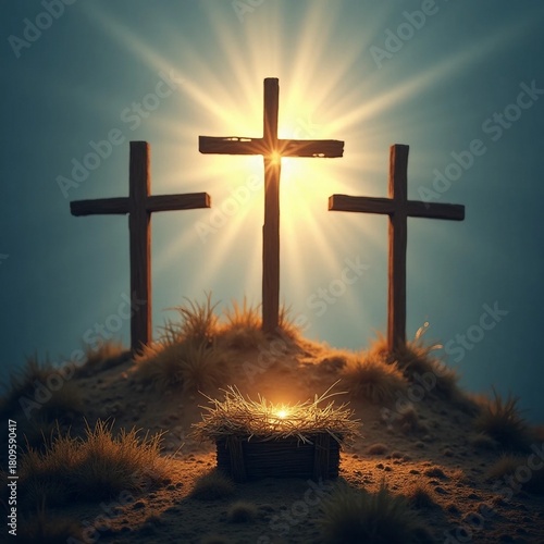 Christian Narrative: The Manger and the Cross Illuminated by Divine Light