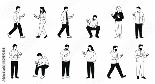 People using smartphones in various poses and activities in monochrome style.