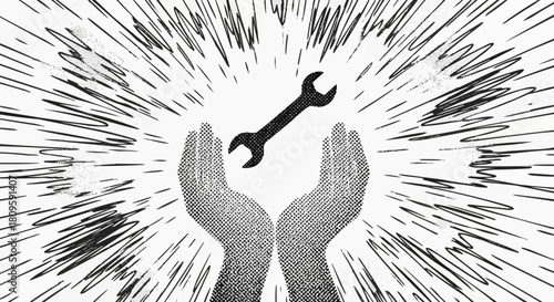 Hands holding a wrench with radiating lines in a black and white illustration.