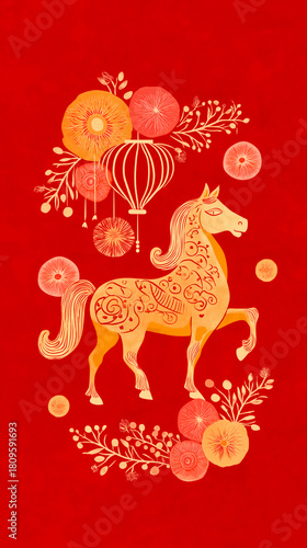 Happy Chinese New Year header with golden horse over vibrant red background. China zodiac lunar calendar animal. Year of the horse.