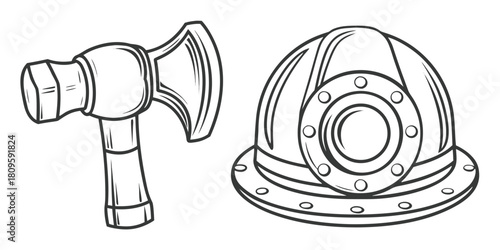 A firefighter's axe and helmet are depicted in a line art illustration.