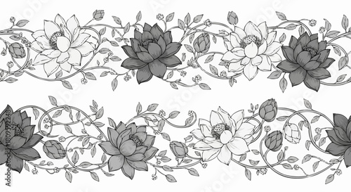 Elegant monochrome seamless border with hand drawn lotus flowers and vines.