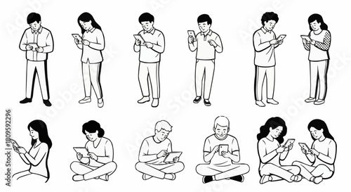 Diverse group of people engrossed in their mobile devices and tablets.