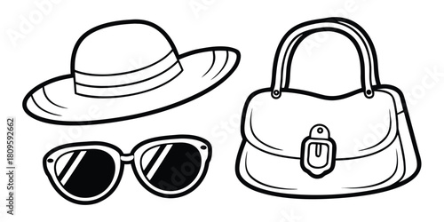 A stylish wide-brimmed hat, sunglasses, and a handbag are depicted in a line drawing.