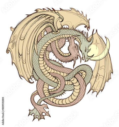 Fantasy drawing of couple of dancing dragons. Printable vintage template for logo, icon, coin, tattoo, emblem, badge. Hand drawn vector illustration.