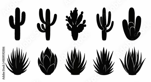 Collection of various desert plants and cacti silhouettes.