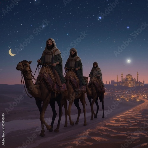 ight Desert Journey: Two Travelers Riding Camels Towards a Distant City Silhouette