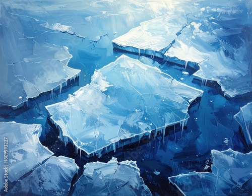 Cracked ice floes on blue water