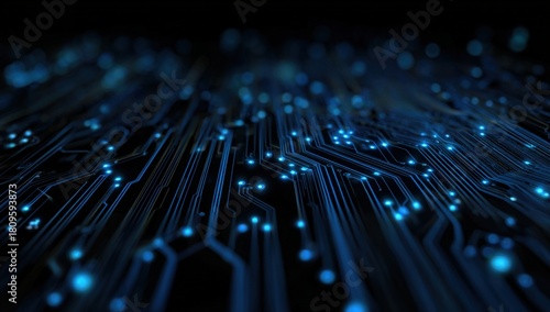 Abstract futuristic glowing digital circuitry with blue lights on black background
