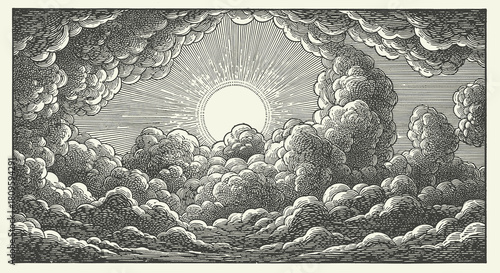 Engraved sky illustration with bold lines and clouds. Vintage black and white art featuring detailed texture and classic atmospheric design.