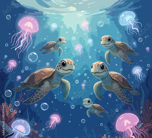 CHILDREN'S STORYBOOK STYLE ILLUSTRATION OF THE BEAUTIFUL LIFE OF TURTLES ON THE OCEAN BOTTOM WITH COLORFUL CORAL AND BLUE SEA WATER	