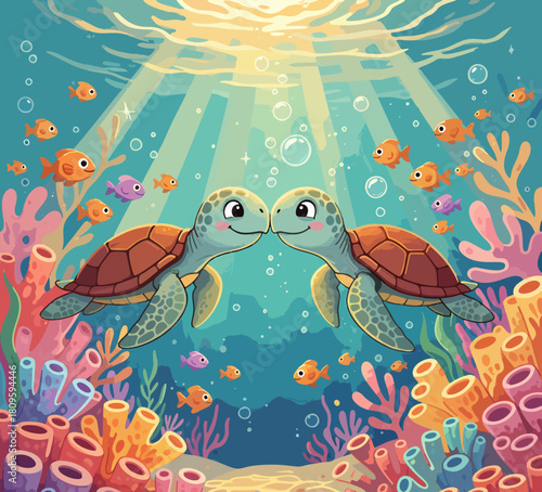 CHILDREN'S STORYBOOK STYLE ILLUSTRATION OF THE BEAUTIFUL LIFE OF TURTLES ON THE OCEAN BOTTOM WITH COLORFUL CORAL AND BLUE SEA WATER	