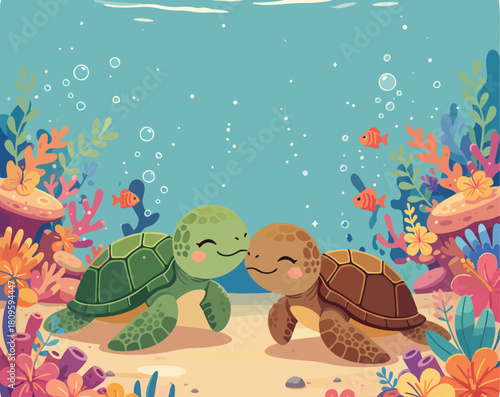 CHILDREN'S STORYBOOK STYLE ILLUSTRATION OF THE BEAUTIFUL LIFE OF TURTLES ON THE OCEAN BOTTOM WITH COLORFUL CORAL AND BLUE SEA WATER	