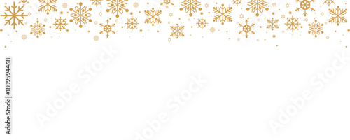 Elegant Christmas and winter vector border with falling golden snowflakes and small stars along the top edge of a plain white background. Horizontal design ideal for banners, headers, greeting card ba