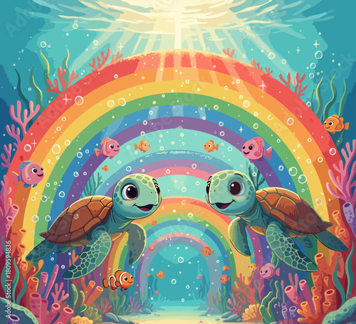CHILDREN'S STORYBOOK STYLE ILLUSTRATION OF THE BEAUTIFUL LIFE OF TURTLES ON THE OCEAN BOTTOM WITH COLORFUL CORAL AND BLUE SEA WATER	