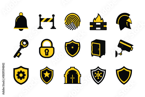 Security icons collection: shield, lock, key, camera, safe, fingerprint, barrier, bell, helmet