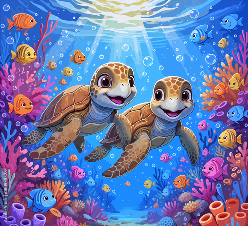 CHILDREN'S STORYBOOK STYLE ILLUSTRATION OF THE BEAUTIFUL LIFE OF TURTLES ON THE OCEAN BOTTOM WITH COLORFUL CORAL AND BLUE SEA WATER	