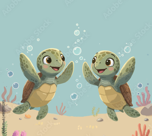 CHILDREN'S STORYBOOK STYLE ILLUSTRATION OF THE BEAUTIFUL LIFE OF TURTLES ON THE OCEAN BOTTOM WITH COLORFUL CORAL AND BLUE SEA WATER	