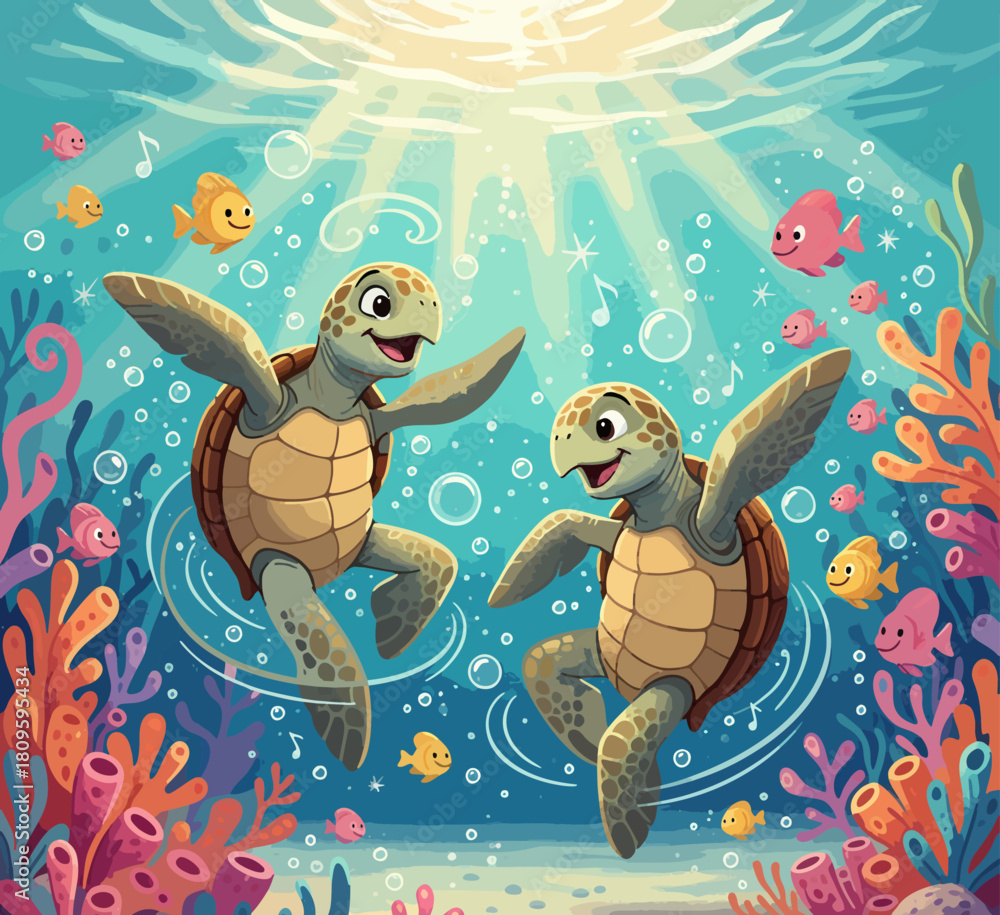 Fototapeta premium CHILDREN'S STORYBOOK STYLE ILLUSTRATION OF THE BEAUTIFUL LIFE OF TURTLES ON THE OCEAN BOTTOM WITH COLORFUL CORAL AND BLUE SEA WATER 