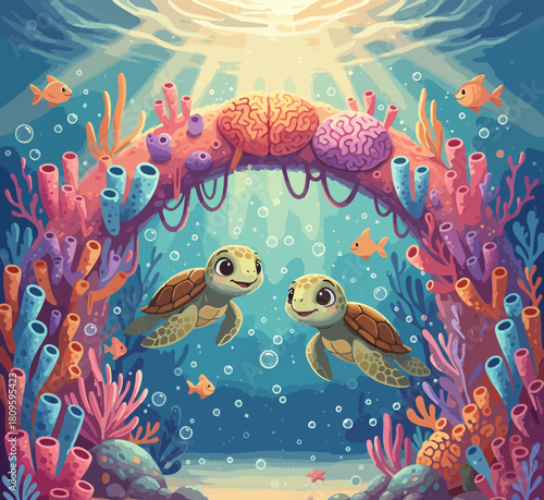 CHILDREN'S STORYBOOK STYLE ILLUSTRATION OF THE BEAUTIFUL LIFE OF TURTLES ON THE OCEAN BOTTOM WITH COLORFUL CORAL AND BLUE SEA WATER	