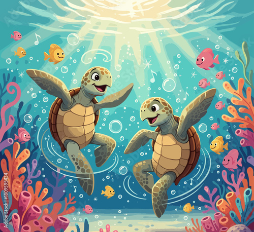 CHILDREN'S STORYBOOK STYLE ILLUSTRATION OF THE BEAUTIFUL LIFE OF TURTLES ON THE OCEAN BOTTOM WITH COLORFUL CORAL AND BLUE SEA WATER	