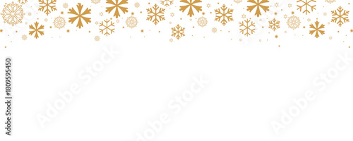 Elegant Christmas and winter vector border with falling golden snowflakes and small stars along the top edge of a plain white background. Horizontal design ideal for banners, headers, greeting card ba