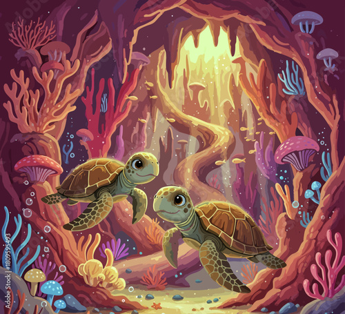 CHILDREN'S STORYBOOK STYLE ILLUSTRATION OF THE BEAUTIFUL LIFE OF TURTLES ON THE OCEAN BOTTOM WITH COLORFUL CORAL AND BLUE SEA WATER	