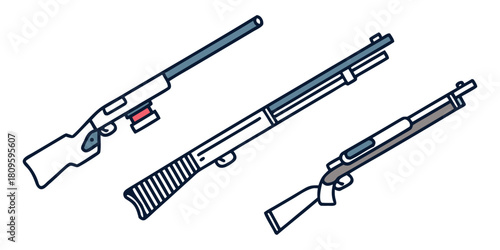 Three stylized firearms are arranged diagonally against a white background.