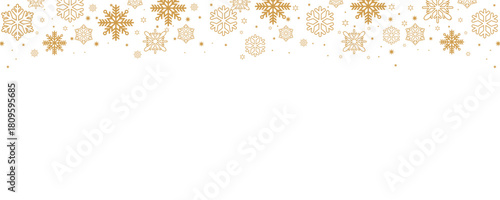 Elegant Christmas and winter vector border with falling golden snowflakes and small stars along the top edge of a plain white background. Horizontal design ideal for banners, headers, greeting card ba