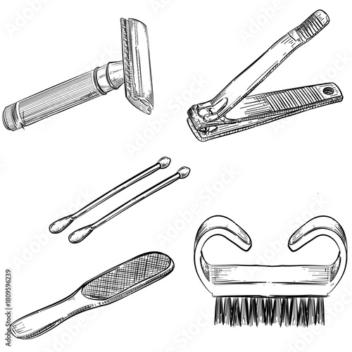 Grooming tools set vector line art hand drawn illustration