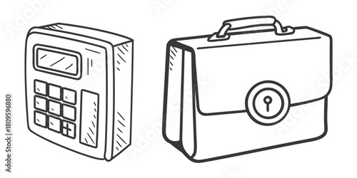 A calculator and a briefcase are depicted in a simple line drawing style.