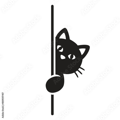 A playful black cat playfully peering out from behind a musical note creating a whimsical and charming illustration in