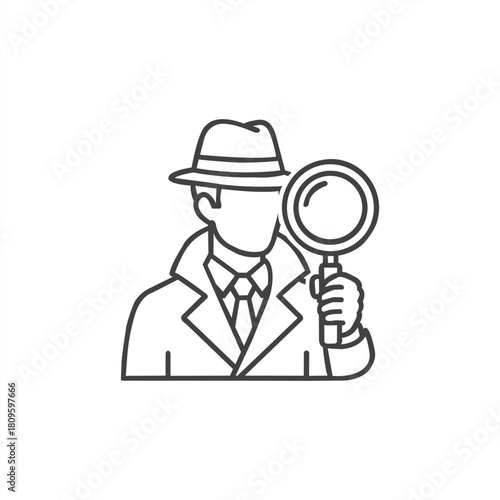 A classic detective in trench coat and fedora meticulously examines clues with a magnifying glass illustrated as a