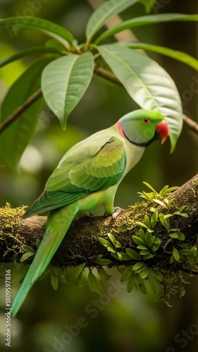 Vibrant green parrot perched gracefully on a mossy branch, a captivating moment in a lush, tropical forest environment bringing a sense of nature's wonder