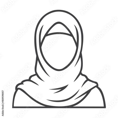Symbol of a woman wearing a hijab representing faith and modesty in the Muslim culture showcasing simple black outline