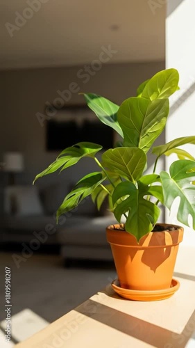 Sunlight streams through window, illuminating vibrant Monstera plant in cozy modern living space creating a peaceful indoor oasis for relaxation