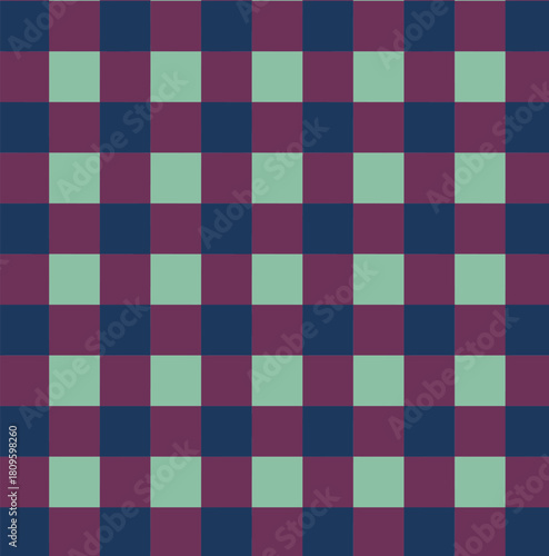 Dark and rich seamless checkered pattern in deep blue, maroon, and mint green, offering a sophisticated and moody textile background or wallpaper design