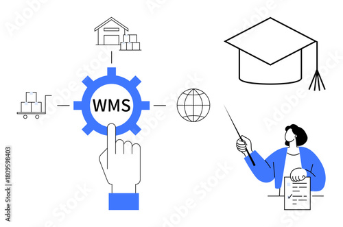 Gear labeled WMS connected to warehouse, cart, globe educator with pointer and clipboard graduation cap. Ideal for logistics, education, learning, automation, training progress technology. Simple