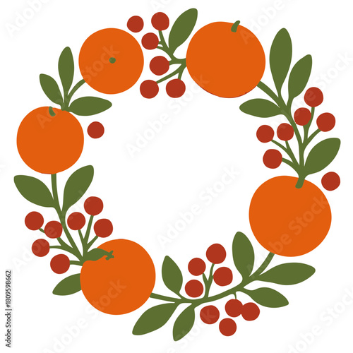 Minimalist Wreath with Leaves Berries and Mandarins Vector Illustration