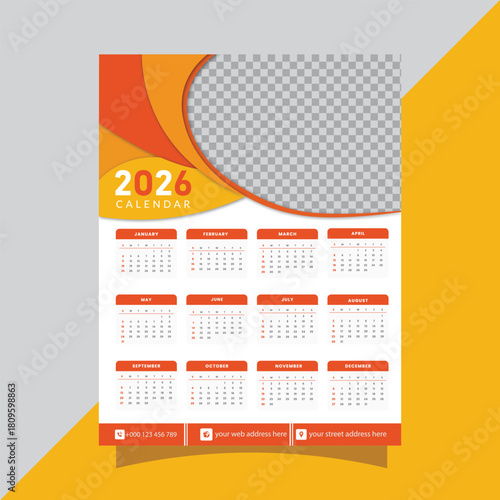 Modern and minimalist 2026 wall calendar template with orange accents and space for a photo perfect for personal or professional use
