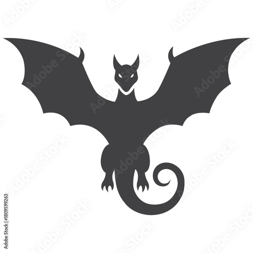 A formidable black dragon poised for flight casting an ominous silhouette against a stark background with clean vector