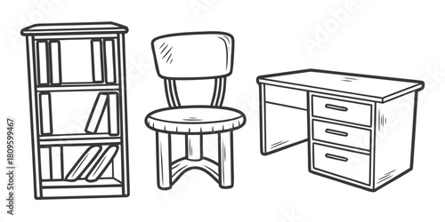 A bookshelf, chair, and desk are depicted in a simple line drawing.