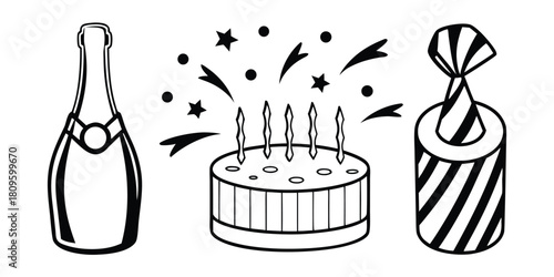 Champagne bottle, birthday cake with candles, and party hat illustration for celebration.