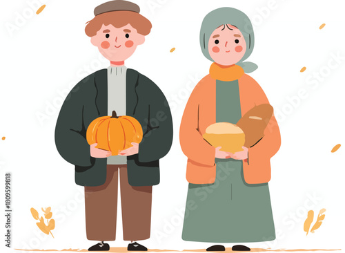 Charming flat vector illustration of a traditional harvest couple, reminiscent of pilgrims, holding a pumpkin and fresh bread, embodying autumn abundance and community