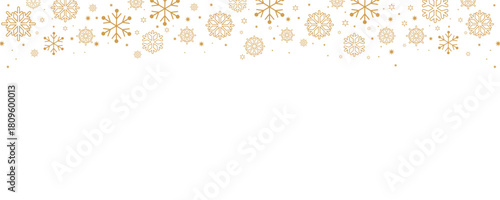 Elegant Christmas and winter vector border with falling golden snowflakes and small stars along the top edge of a plain white background. Horizontal design ideal for banners, headers, greeting card ba