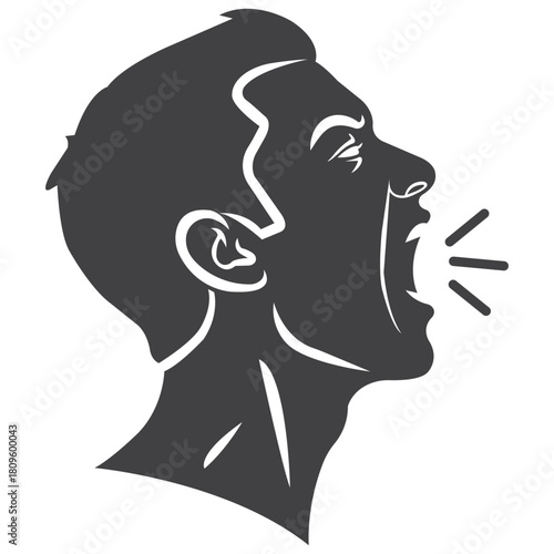 A man screaming out loud expressing anger and frustration in a desperate call for help with a simple monochrome stark