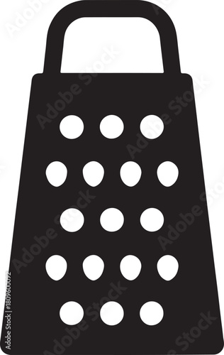 A black and white silhouette of a grater with a handle and circular grating holes visible on the sides