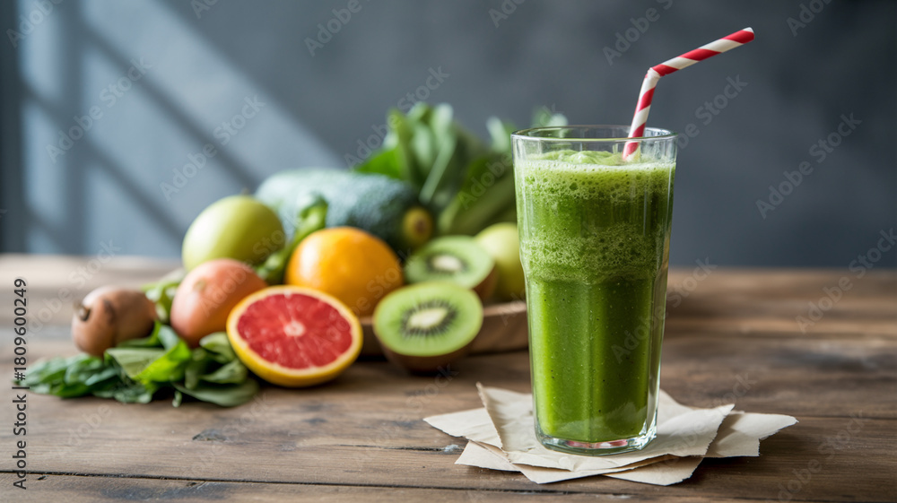 Fototapeta premium Fresh green smoothie with assorted fruits and vegetables