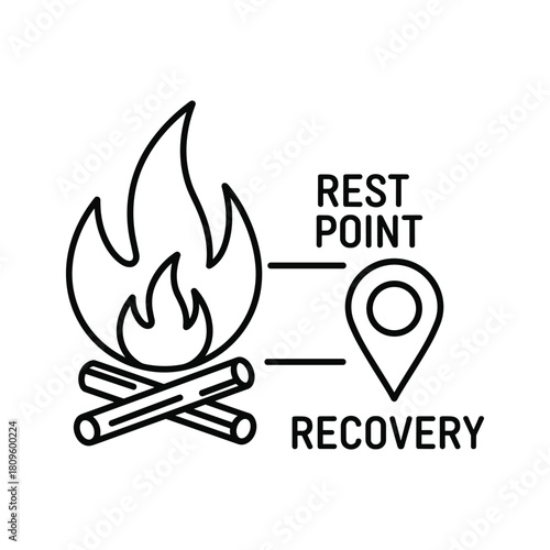 Campfire with logs, rest point and recovery text, and location pin icon for travel or gaming